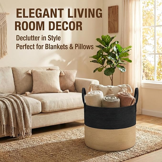JMvicyroam 65L Extra Large Blanket Basket for Living Room - Woven Cotton Rope Laundry Hamper with Reinforced Handles - Storage Bin for Pillows, Comforters & Toys - Machine Washable,Black&Jute