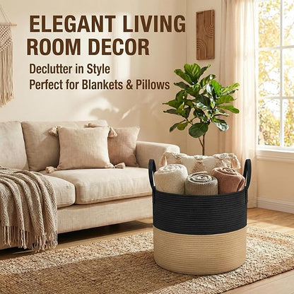 JMvicyroam 65L Extra Large Blanket Basket for Living Room - Woven Cotton Rope Laundry Hamper with Reinforced Handles - Storage Bin for Pillows, Comforters & Toys - Machine Washable,Black&Jute