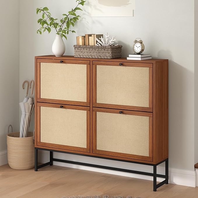 AVZEAR 43" Narrow Shoe Storage Cabinet for Entryway with Natural Linen Panel, Freestanding Slim Shoe Cabinet with 4 Flip Drawers, Wood Shoe Organizer Closed Shoe Rack for Hallway, Living Room(Walnut)