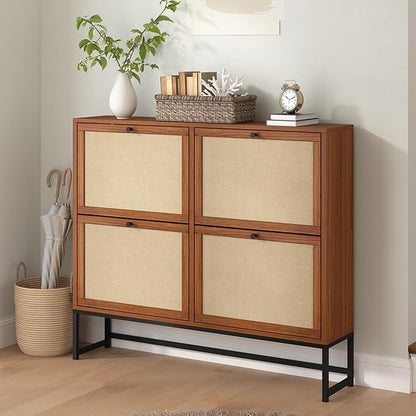 AVZEAR 43" Narrow Shoe Storage Cabinet for Entryway with Natural Linen Panel, Freestanding Slim Shoe Cabinet with 4 Flip Drawers, Wood Shoe Organizer Closed Shoe Rack for Hallway, Living Room(Walnut)
