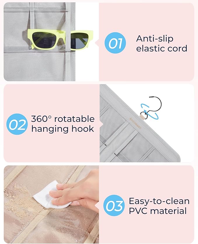 BAGSMART Hanging Jewelry Organizer, Dust Proof Sunglasses Storage Case Wall Mounted, Travel Dual Sided Glasses Case Multiple Pairs, Eyeglasses Holder with 32 Clear Slots & Metal Hook, Grey