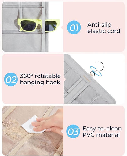 BAGSMART Hanging Jewelry Organizer, Dust Proof Sunglasses Storage Case Wall Mounted, Travel Dual Sided Glasses Case Multiple Pairs, Eyeglasses Holder with 32 Clear Slots & Metal Hook, Grey