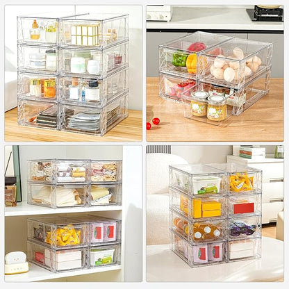 8Pack Clear Stackable Kitchen Storage Organizer,Pantry Organizers and Storage,Foods Organizer Bins with Handles, Easily Assemble for Bathroom, Kitchen, Refrigerator, Pantry, Cabinet, Closet