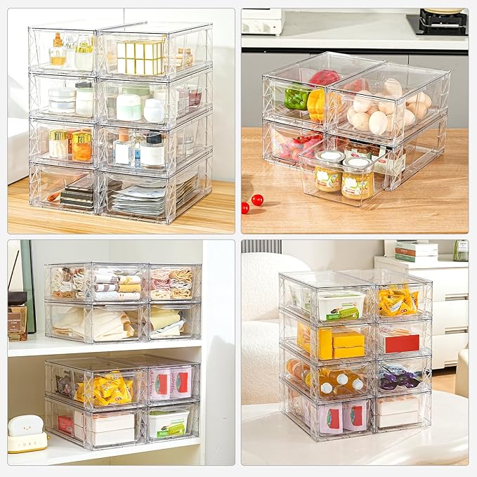 Clemate 6Pack Pantry Organizers and Storage,Clear Stackable Kitchen Storage Organizer,Foods Organizer Bins with Handles, Easily Assemble for Bathroom, Kitchen, Refrigerator, Pantry, Cabinet, Closet