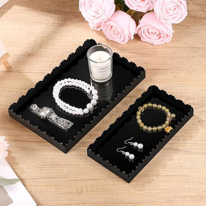 2 Pack Acrylic Bathroom Vanity Tray 7.9" and 9.6", Soap Dispenser Decorative Scalloped Tray for Bathroom Kitchen Living Room Decor Vanity Perfume, Black
