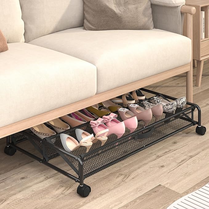 Under Bed Shoes Storage, 2 Pack Rolling Under-bed Storage Containers with Wheels, Under Bed Shoe Organizer Breathable Mesh Fabric with Metal Frame