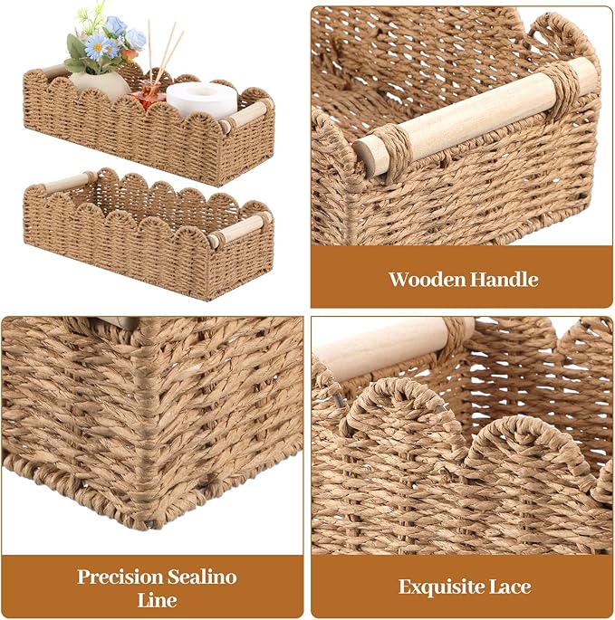 2pcs Scalloped Decor Basket,Toilet Paper Storage Basket with Handles,Toilet Basket for Organizing Over Toilet Storage Shelf Countertop Living Room Bedroom Home Decor（14"×6.3"×4"）