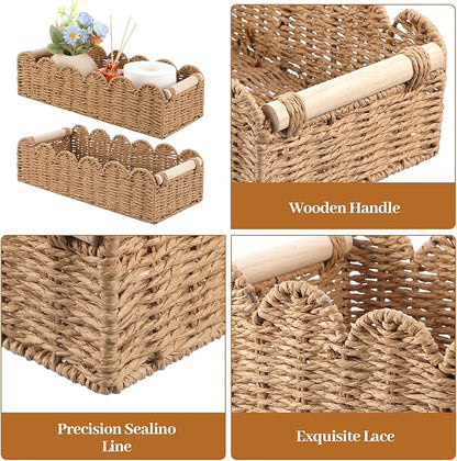 2pcs Scalloped Decor Basket,Toilet Paper Storage Basket with Handles,Toilet Basket for Organizing Over Toilet Storage Shelf Countertop Living Room Bedroom Home Decor（14"×6.3"×4"）