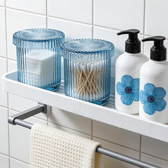 2 Pack Glass Qtip Holder Dispenser Set - Bathroom Organizer for Cotton Swabs, Balls, Pads, Floss Picks - Clear Apothecary Jars for Vanity, Makeup Storage, Bathroom Accessories Decor (Blue)