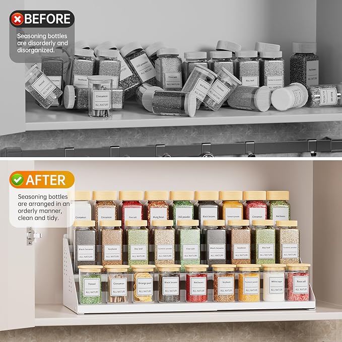 RCHYFEED Spice Rack Organizer for Cabinet, Expandable 3 Tiered Spice Rack, Metal Spices Organizer, Height Adjustable Fits More Space, Display Shelf Organizers for Cabinet Countertop Pantry Cupboard