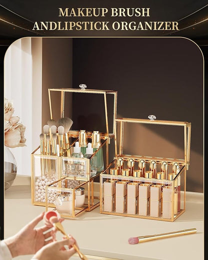CoralHouse Makeup Brush Organizer – Vanity Organizer with 18-Slot Lipstick Organizer & Makeup Brush Holder with Lid – Skincare, Perfume & Cosmetic Storage for Bathroom or Dresser