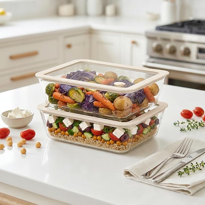 Urban Green Glass Food Container Set with Glass Lid, Large Meal Prep Container Set, Airtight Food Storage Containers with Air Vent Lid, 2 Pack, Large, 87oz, LeakProof, 100% Plastic Free, White color,