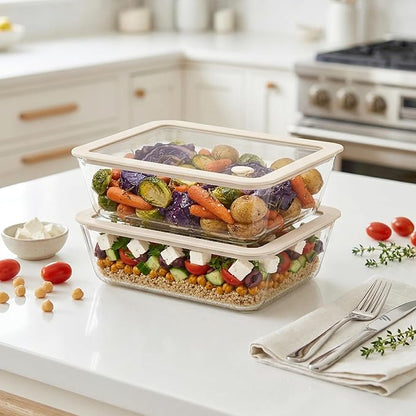 Urban Green Glass Food Container Set with Glass Lid, Large Meal Prep Container Set, Airtight Food Storage Containers with Air Vent Lid, 2 Pack, Large, 87oz, LeakProof, 100% Plastic Free, White color,