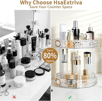 360 Rotating Makeup Organizer, 2 Tier Diamond Pattern Perfume Organizer, 10.6" Large Capacity Skincare Lotion Organizer, Designed for Vanity and Bathroom Countertops, Clear