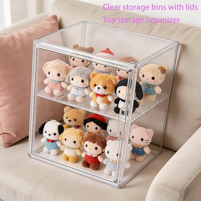 X-Large Clear Display Case for Collectibles, Acrylic Box, Storage Bins with Magnetic Lid and Stackable Design, 3 Adjustable Layers, Display Box for Figure, Lego, Shoes, Purses, Cosmetics
