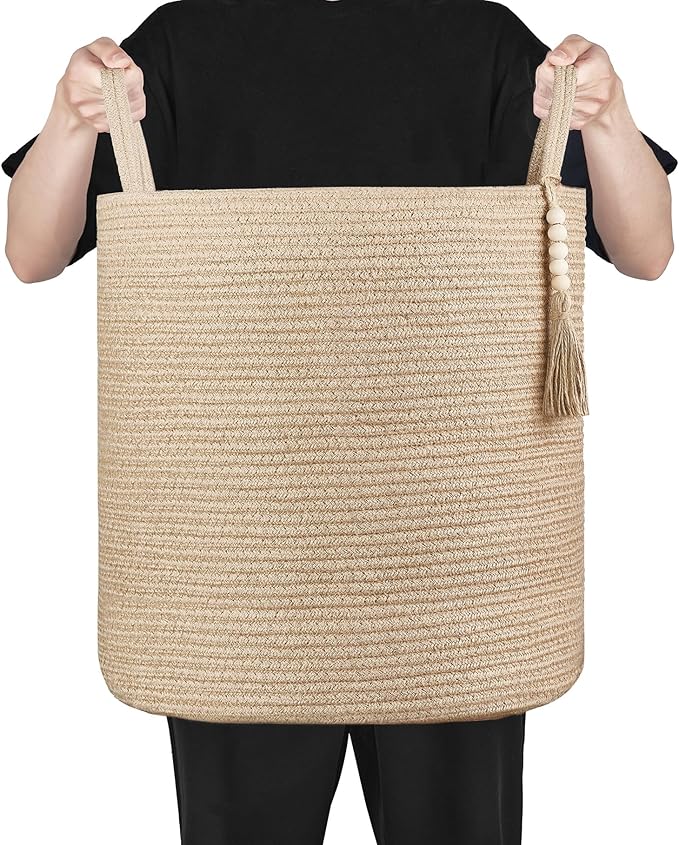 Mkono Tall Wicker Laundry Basket Woven Storage Basket Decorative Natural Rope Basket Wooden Bead Decoration for Blankets,Toys,Clothes,Shoes,Plant Organizer Bin with Handles Living Room 15"Wx17.7"L