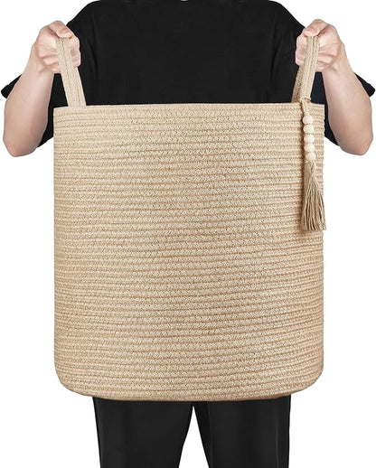 Mkono Tall Wicker Laundry Basket Woven Storage Basket Decorative Natural Rope Basket Wooden Bead Decoration for Blankets,Toys,Clothes,Shoes,Plant Organizer Bin with Handles Living Room 15"Wx17.7"L