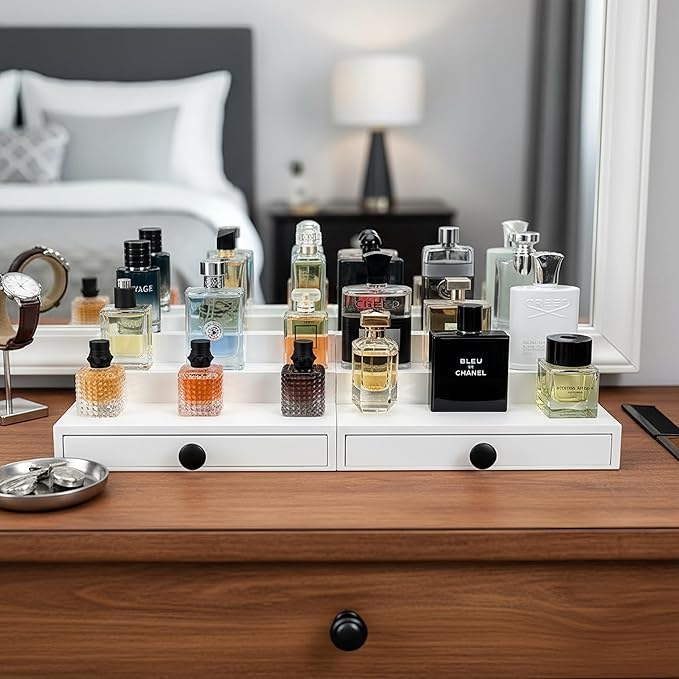 Wooden Cologne Organizer for Men 3 Tier | White Perfume Holder Shelf for Dresser | High Grade Velvet Lining and Stylish Gift Box | Uncluttered Design Perfume Display Stand