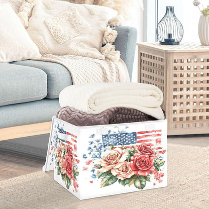 senya July Fourth Baskets Collapsible Storage Bins with Lids, Roses Gypsophila Flag Storage Boxes Clothes Baskets for Organizing