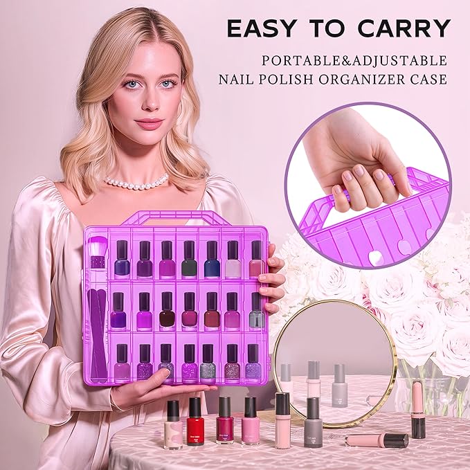 DreamGenius Nail Polish Organizer Case for 48 Bottles with 2 Nail Separators, Double Side Gel Nail Polish Holder with Adjustable Dividers, Purple