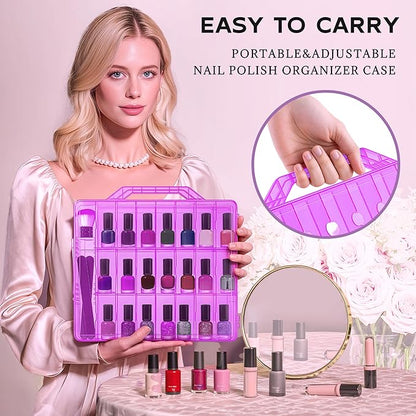 DreamGenius Nail Polish Organizer Case for 48 Bottles with 2 Nail Separators, Double Side Gel Nail Polish Holder with Adjustable Dividers, Purple