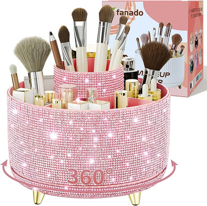 fanado Bling Diamond Makeup Brush Holder, 360° Rotating Makeup Organizer, 5 Slot Make up Brushes Cup for Countertop, Storage for Cosmetics Pen Eyeliner Skincare on the Vanity (Diamond Pink)