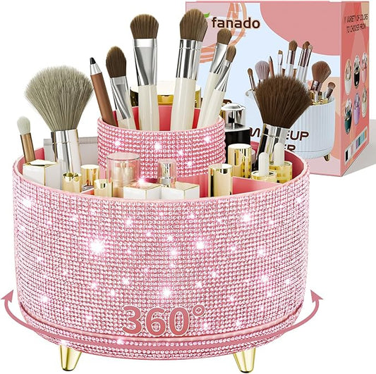 fanado Bling Diamond Makeup Brush Holder, 360° Rotating Makeup Organizer, 5 Slot Make up Brushes Cup for Countertop, Storage for Cosmetics Pen Eyeliner Skincare on the Vanity (Diamond Pink)