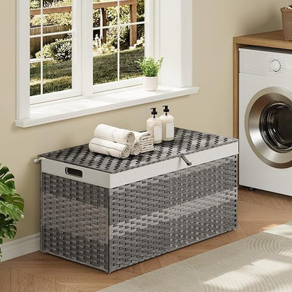 HOOBRO Storage Basket with Lid, 52.8 Gallon (200L) Wicker Basket, Handwoven Blanket Storage Basket with Handles, Metal Frame and Soft Lining, Foldable for Bedroom, Laundry Room, Gray GY220CW01