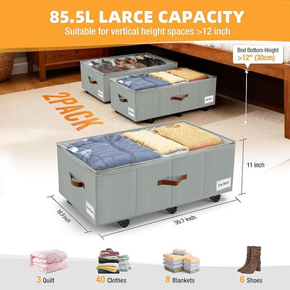 Under Bed Storage with Wheels,Underbed Storage with Sturdy Sidewalls/Bottom, Clear Cover, Label and PU Handle, Rolling Under Bed Drawers for Clothes, Shoes, 11 Inch Height,Grey, 2 Pack