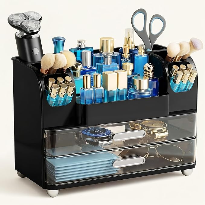 HBlife Makeup Organizer for Vanity with Brush Holder, Cologne Organizer for Men, Large Bathroom Countertop Cosmetic Organizer Skin Care Storage, Easy to Store Lipsticks, Nail Polishes, Perfumes, Black