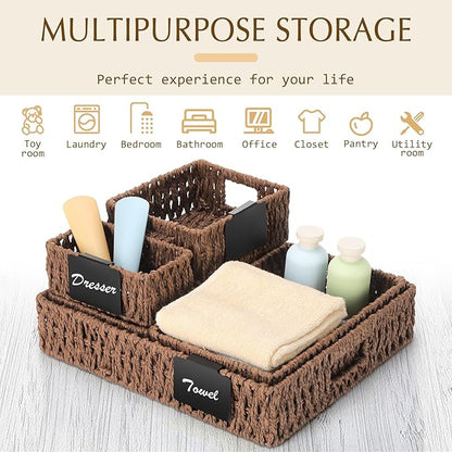Marsui 9 Pcs Paper Rope Storage Baskets with Handle Labels Handwoven Multi-size Brown Storage Bins for Organizing Small Baskets Container for Shelves Closet Pantry Toilet