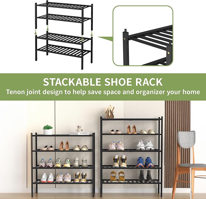 ROMGUAR CRAFT 5 Tier Bamboo Shoe Rack for Closet Free Standing Wood Shoe Shelf for Entryway Small Space Stackable 27"x11"x33" (Black)