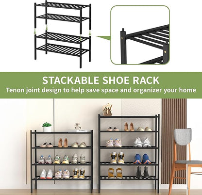 ROMGUAR CRAFT 5 Tier Bamboo Shoe Rack for Closet Free Standing Wood Shoe Shelf for Entryway Small Space Stackable 27"x11"x33" (Black)
