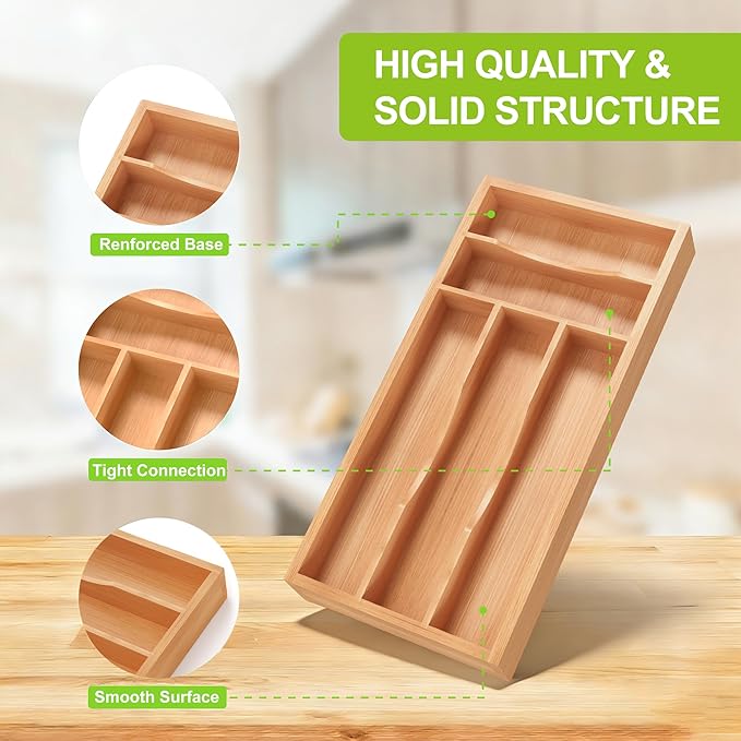 Unibambou Bamboo Utensil Drawer Organizer with Removable Dividers, Kitchen Organizer for Flatware Cutlery, Silverware Tray for Drawer (5/4 Flexible Slots, Natural)