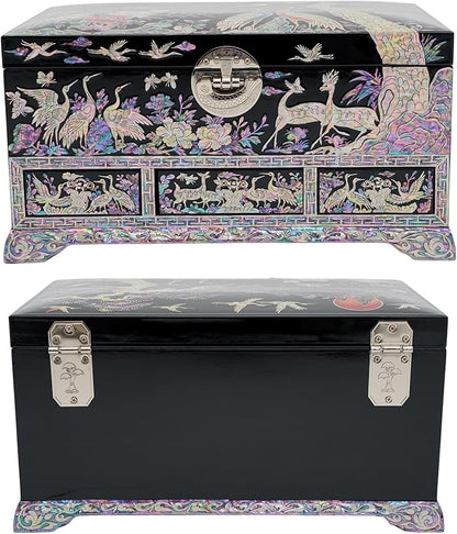 February Mountain Lockable Korean Mother-of-Pearl Jewelry Box - Najeon Chilgi Lacquerware with Crane and Floral Design, Vibrant Black Finish, Handmade (Black)