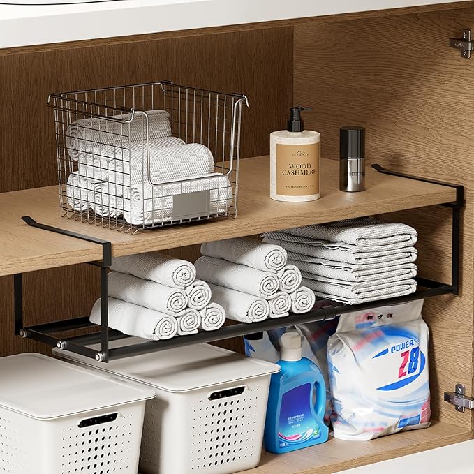 UFORU Expandable Hanging Shoe Rack Organizer for Closet, Adjustable Shoe Rack Under Cabinet Shelf, Versatile Under Shelf Storage for Kitchen, Book, Clothing Storage and Organization(Black,2PCS)