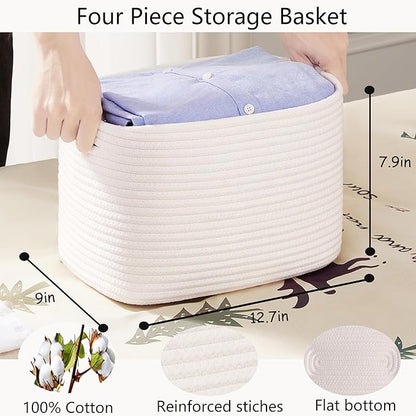 Storage Baskets for Shelves White Rope Basket for Organizing 4 Pack Rectangle Toy Bins for Nursery 12.7"Lx9"Wx7.9"H