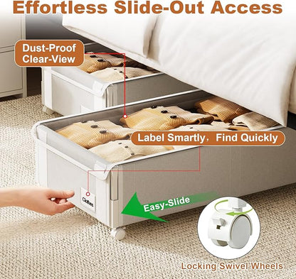 Fokyfok 2Pack Under Bed Storage with Wheels,6.7"-9" Adjustable Height Underbed Storage,Under Bed Storage Containers,Rolling Under Bed Clothes Storage,Metal Under Bed Drawers for Shoes,Blankets,Toys