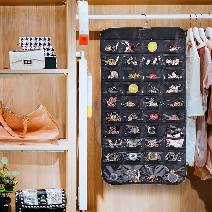 Bloss Hanging Jewelry Organizer for Closet, 80 Pockets Earring Holder Organizer and storage, Earring Organizer Hanging Jewelry Holder Storage for Women Gift, Wall Earring Holder for Girls, Black