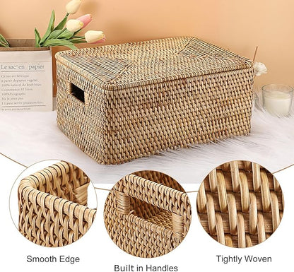 Hipiwe Rattan Basket With Lid Rectangular Lidded Basket Natural Hand-Woven Wicker Storage Basket Bin for Shelf Organizing Picnic Food Bread Table Storage Basket, 15.1 x 11.2 x 7.3 inch