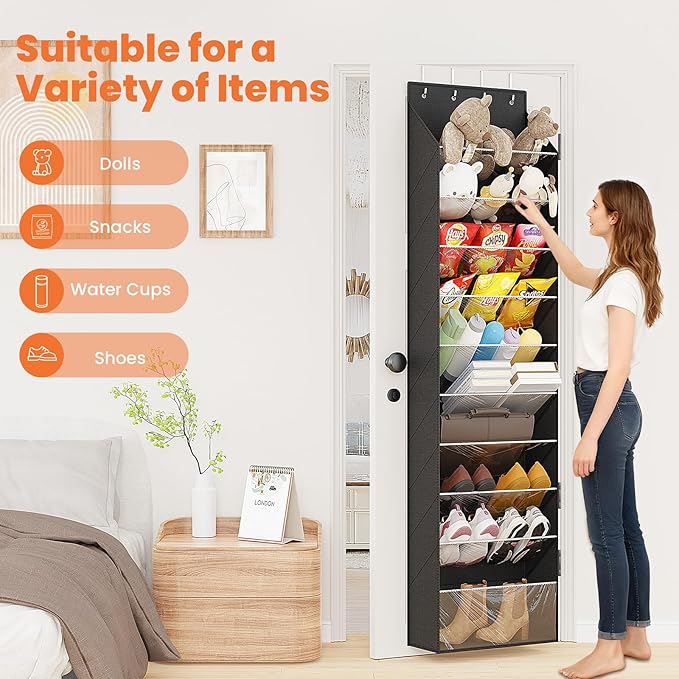 ZATOCL 10-Tier Over The Door Organizer, Space Saving Hanging Shoes Organizer and Storage Unit, Organizer for Closet, Bedroom, Entryway, Black