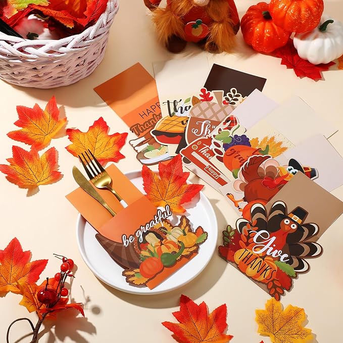 Qeeenar 48 Pcs Thanksgiving Cutlery Holder Fall Cutlery Wraps Bag Silverware Bags Turkey Utensil Silverware Holder Cutlery Pouch Holder for Table Decoration Autumn Harvest Party Supplies, 8 Styles