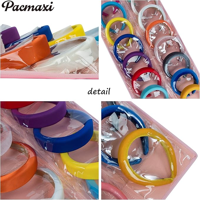 Hanging Padded Headbands Storage Organizer for Women Lady, Girl Wide Knotted Headband Holder with 16 Clear Pockets, Fashion Turban Velvet Hair Head band Hoop Display Stand. (16 slot,felt,pink)