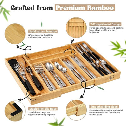 AB Home & Beauty Expandable Bamboo Drawer Organizer for Kitchen Utensils - Adjustable Silverware Organizer, Non-Slip Bamboo Cutlery Tray, Eco-Friendly Kitchen Drawer Storage