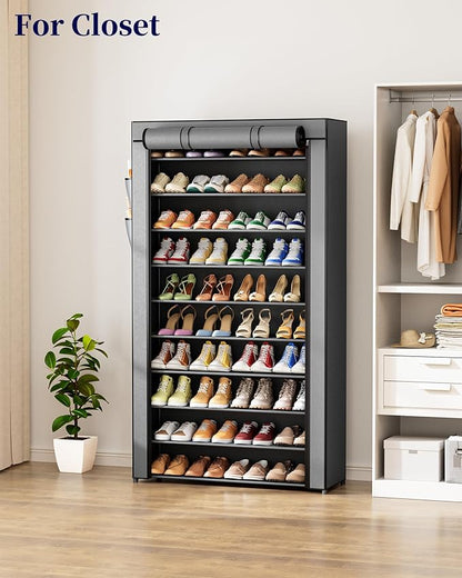 Kitsure Shoe Rack - 10-Tier Shoe Organizer with Zippered Dust Cover & Side Pockets, Easy to Assemble, Space Saving Shoe Rack for Closet, Entryway, Living Room, 33" x 12.4" x 69.3", Grey
