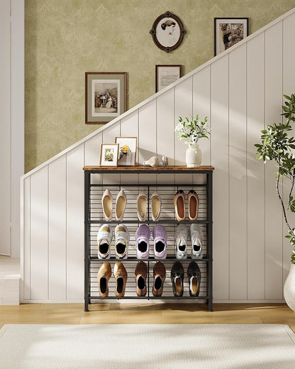 CHOEZON Shoe Rack, 4-Tier Narrow Shoe Storage Shelf, Slim Shoe Rack with Wooden Top and Metal Shelves, Slanted Shoe Organizer, Industrial Style, for Entryway, Hallway, Rustic Brown and Black TXJ76BF