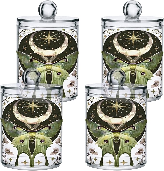 2 Pack Qtip Holder Dispenser for Cotton Ball Luna Moth Moon Swab Round Pads Clear Plastic Acrylic Jar Set Bathroom Canister