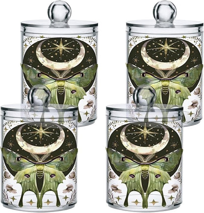 2 Pack Qtip Holder Dispenser for Cotton Ball Luna Moth Moon Swab Round Pads Clear Plastic Acrylic Jar Set Bathroom Canister