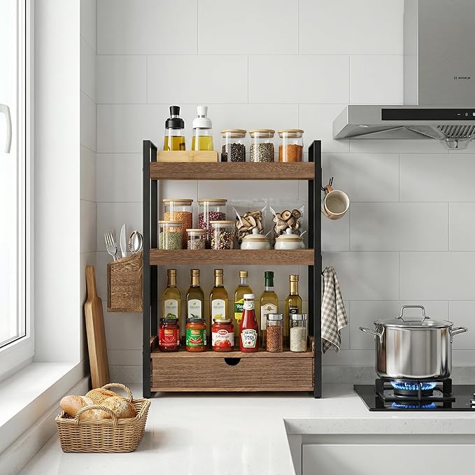 3-Tier Bathroom Counter Organizer with Drawer Basket and Hooks, Wood Bathroom Organizers and Storage for Countertop, Farmhouse Dark Brown Countertop Organizer, Counter Shelf for Vanity, Kitchen,Office