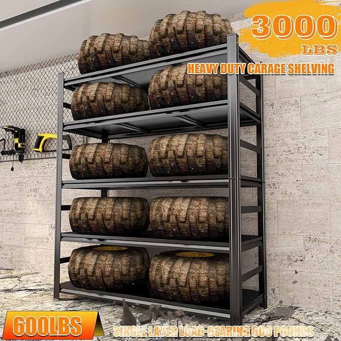 Heavy Duty Garage Shelving Unit, 5-Tier Adjustable Metal Storage Shelves, 3000LBS Load Capacity Shelf for Garage & Basement, Tool Organization, High - Capacity Storage Solution, 48" W, Black
